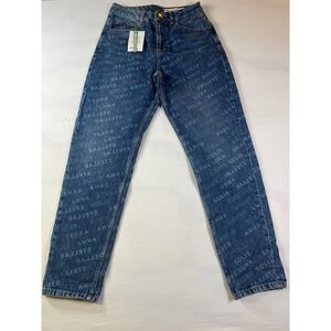ASOS DENIM All Over Logo Print Blue Wash Straight Leg Jeans Size 28 32